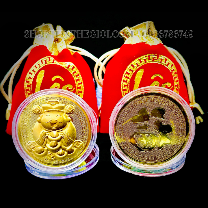 Combo 20 Đồng xu Thần Tài Mạ Vàng Cute Tặng Túi Gấm Lộc - SP005493